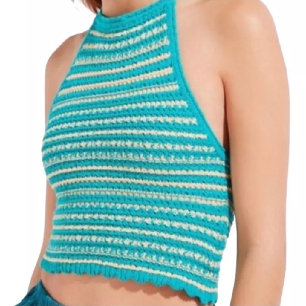 Urban Outfitters Millie Crochet Halter Top Xs Cropped Turquoise Stripe Festival